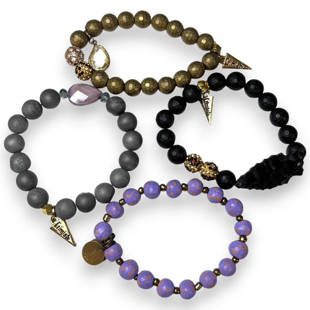 ERIMISH Beaded Stretch Bracelet Bundle Gold Black Purple Set of 3 + 1